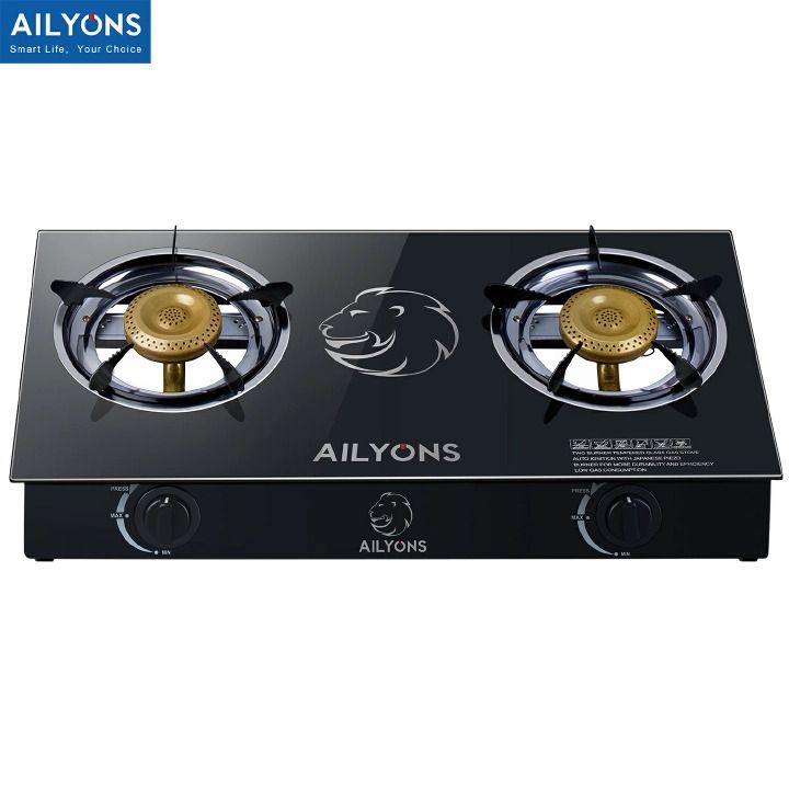 AILYONS Glass Top Gas Cooker 2 Burner Stainless Steel Gas Stove Double Burner Table Top Cooker + FREE 6KG Regulator Pipe Clips Kitchen Cooking Stove