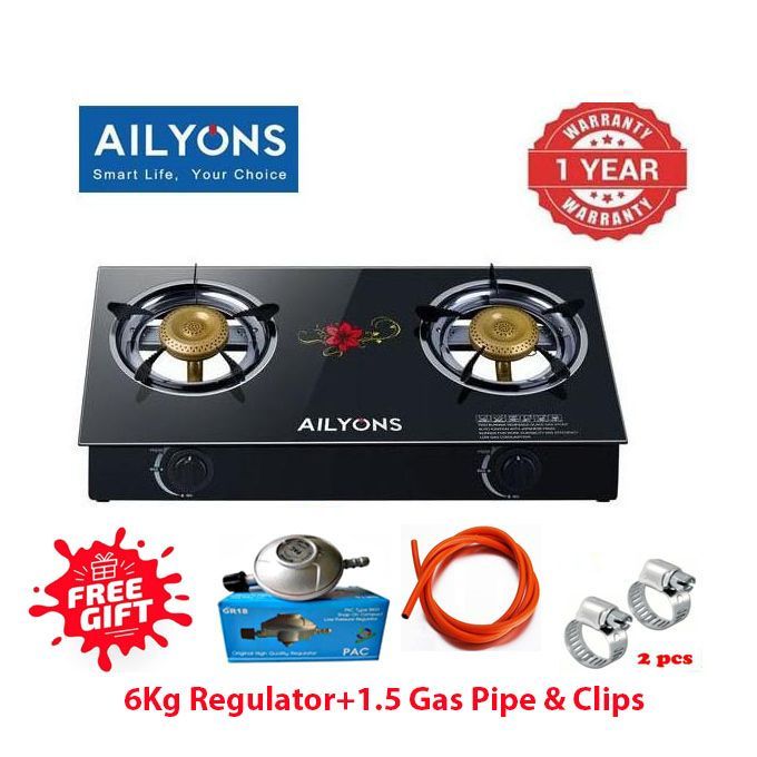 AILYONS Glass Top Gas Cooker 2 Burner Stainless Steel Gas Stove Double Burner Table Top Cooker + FREE 6KG Regulator Pipe Clips Kitchen Cooking Stove