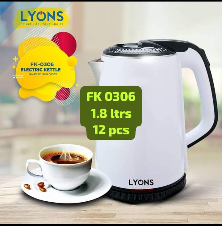 LYONS FK-0306 Electric Plastic Kettle 1.8 Liters – Fast Boiling Water Kettle with Auto Shut-Off, Ergonomic Handle, Lightweight Design, Energy Efficient Kettle for Home & Office