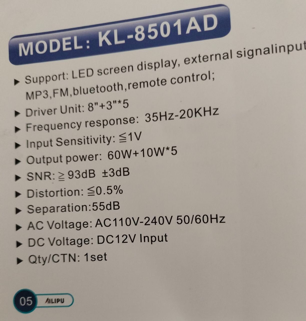 KL-8501AD 5.1 8in WOOFER Pro+ 60w+10w*5 woofer speaker system Multimedia Speaker Output Power Subwoofer Bluetooth Cinema Home theater System Bluetooth Hi-Fi.