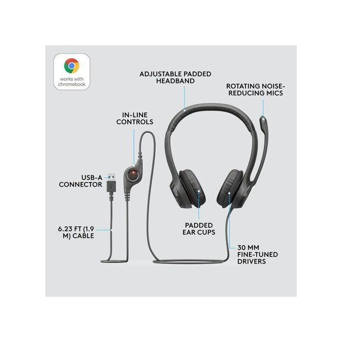 Logitech H390 Wired Headset for PC/Laptop, Stereo Headphones with Noise Cancelling Microphone, USB-A