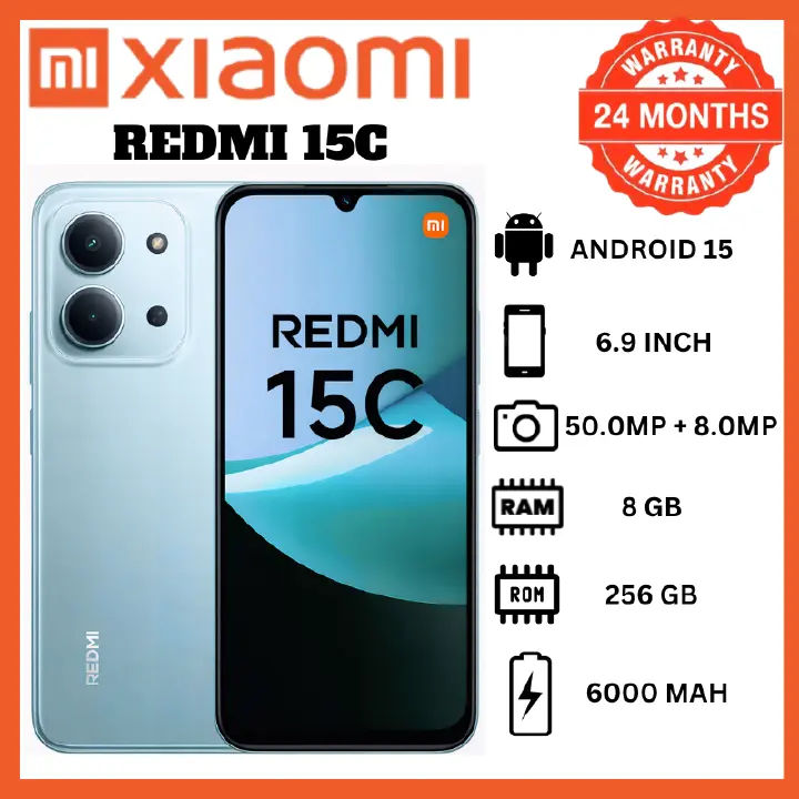 REDMI 15C 256GB ROM +16GB RAM EXPANDABLE (8+8) 6.9'' LCD 50MP Main Camera 8MP selfie camera 6000mAh 33W Fast Charger Android 15 Side Fingerprint -Smartphones Side fingerprint