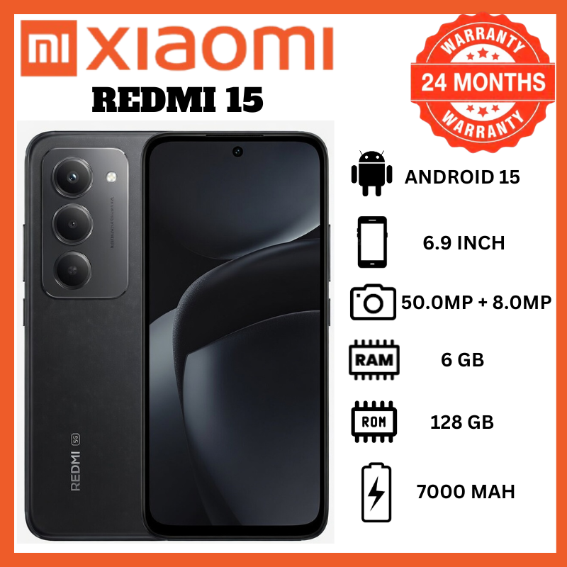 Redmi 15 6GB RAM 128GB Storage 6.9 Inch 144Hz Display 7000mAh Battery 50MP Camera 33W Fast Charging HyperOS Android 15 IP64 Rating Royale Chrome Design Best Budget 4G Smartphones Latest Phones