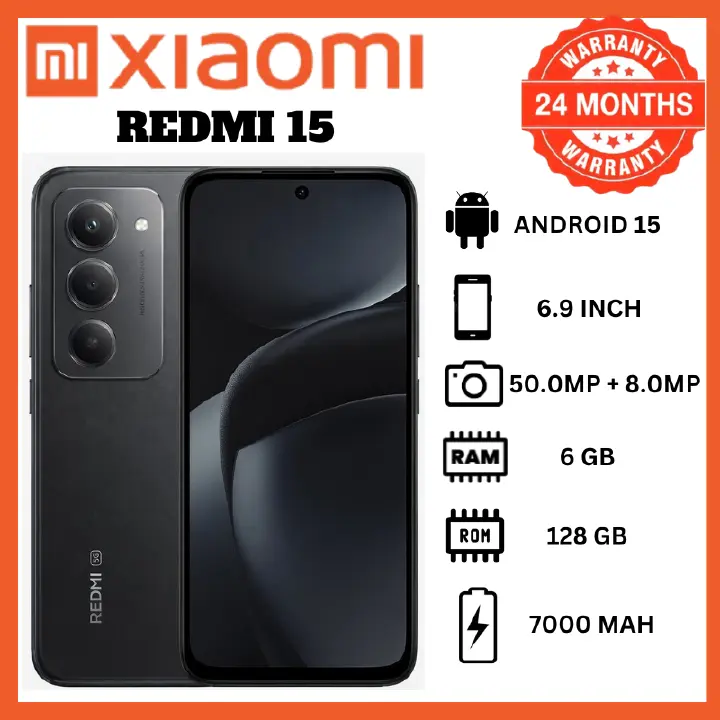 Redmi 15 6GB RAM 128GB Storage 6.9 Inch 144Hz Display 7000mAh Battery 50MP Camera 33W Fast Charging HyperOS Android 15 IP64 Rating Royale Chrome Design Best Budget 4G Smartphones Latest Phones