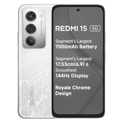 Redmi 15 6GB RAM 128GB Storage 6.9 Inch 144Hz Display 7000mAh Battery 50MP Camera 33W Fast Charging HyperOS Android 15 IP64 Rating Royale Chrome Design Best Budget 4G Smartphones Latest Phones