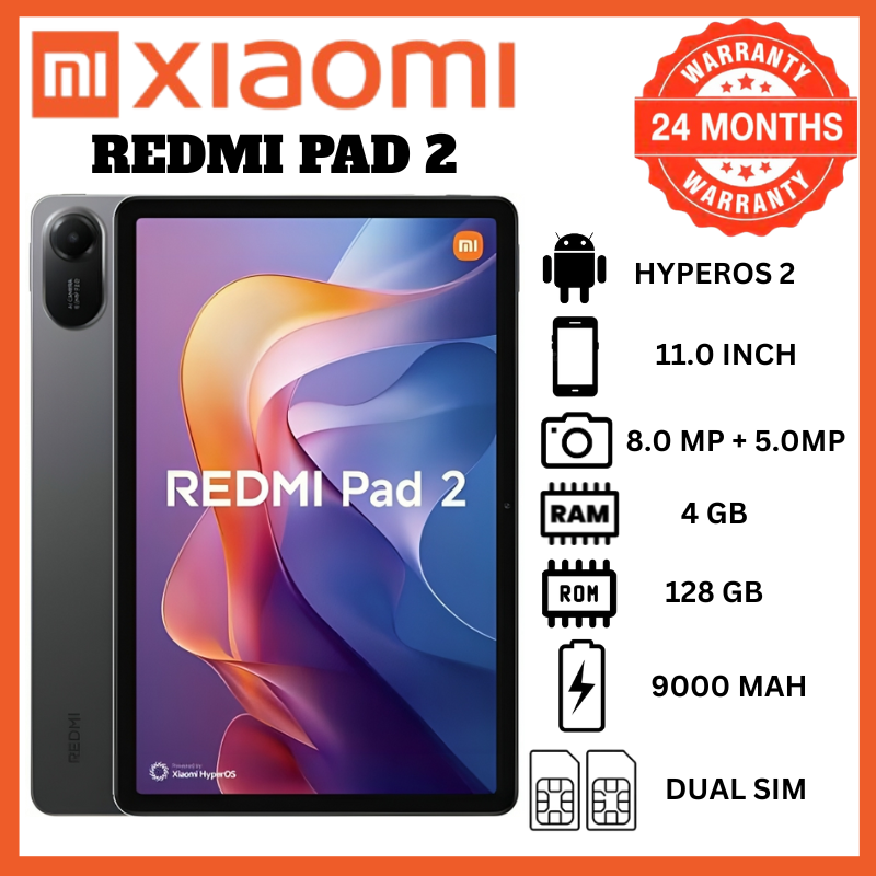 Redmi Pad 2 4GB RAM 128GB ROM 11" 90Hz Smooth Display 9000mAh Massive Battery 8MP Camera Helio Processor Quad Speakers Dolby Atmos HyperOS Android 15 Long Lasting Affordable Tablets New Phones