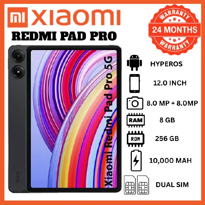 Redmi Pad Pro 8GB RAM 256GB ROM 12.1 Inch 120Hz Ultra Smooth Screen 10000mAh Battery Snapdragon 7s Gen 2 Dolby Atmos Quad Speakers HyperOS Expandable Top Tablets Smartphones Phones