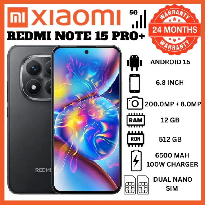 Redmi Note 15 Pro Plus 12GB RAM 512GB ROM 6.83 Inch 120Hz Ultra Smooth Screen 6500mAh Long Battery 200MP Camera 100W Turbo Charging HyperOS Android 15 IP69K Resistant Top Smartphones Phones