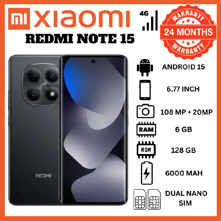 Redmi Note 15 6GB RAM 128GB ROM Smartphone 50MP Main Camera 6.67" AMOLED 120Hz Screen 6000mAh Long Lasting Battery 45W Turbo Charging Dimensity 7300 Ultra Processor Phone IP54 Rated