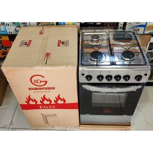 Eurochef Free Standing 3 Gas Burner +1 Electric Cooker - Electric oven with rotisserie function, Built-in oven light for easy viewing, Timer for precise cooking control, Auto ignition for burners.