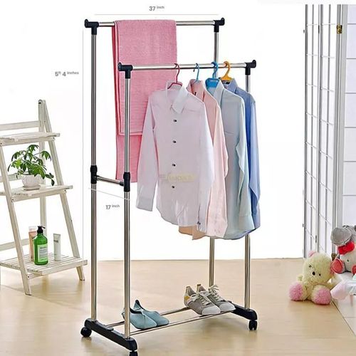 Coat rack/Floor coat rack, double pole stainless steel hanger. Also used as balcony drying rack, home multi-functional clothes rack with wheels