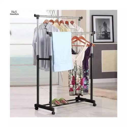 Coat rack/Floor coat rack, double pole stainless steel hanger. Also used as balcony drying rack, home multi-functional clothes rack with wheels