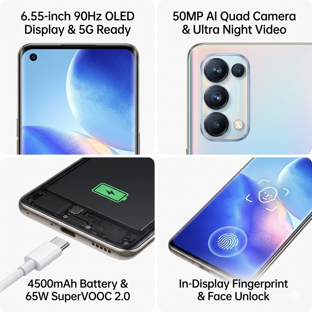 Refurbished OPPO Reno5 Pro 5G Smartphone | 128GB ROM | 64MP AI Quad Camera | 6.55" OLED 90Hz Curved Screen | 65W SuperVOOC Flash Charge | In-Display Fingerprint (Grade A)