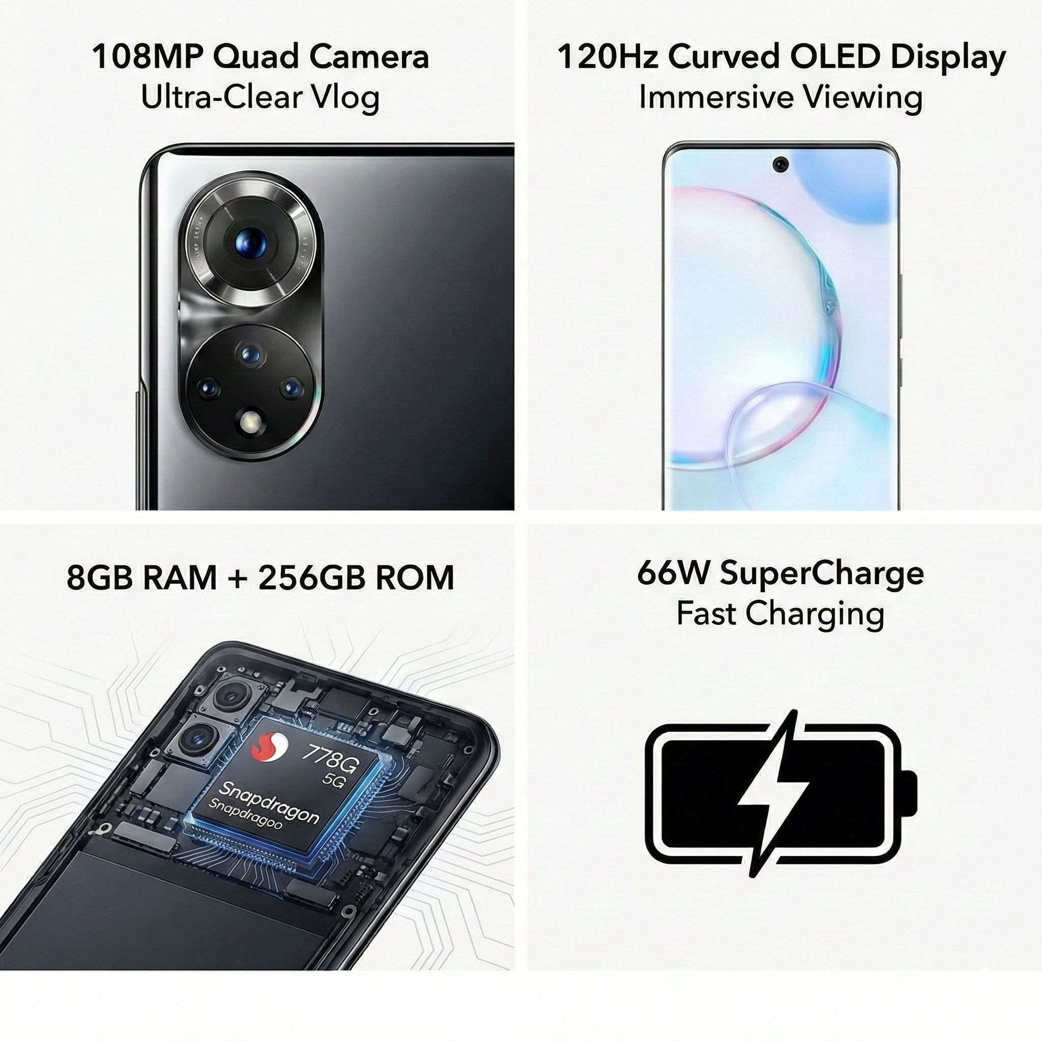 Refurbished Honor 50 5G Smartphone | 8GB RAM + 256GB ROM | 108MP Ultra-Clear Vlog Camera | 6.57" 120Hz Curved OLED Screen | 66W SuperCharge | Google Play Supported (Grade A)