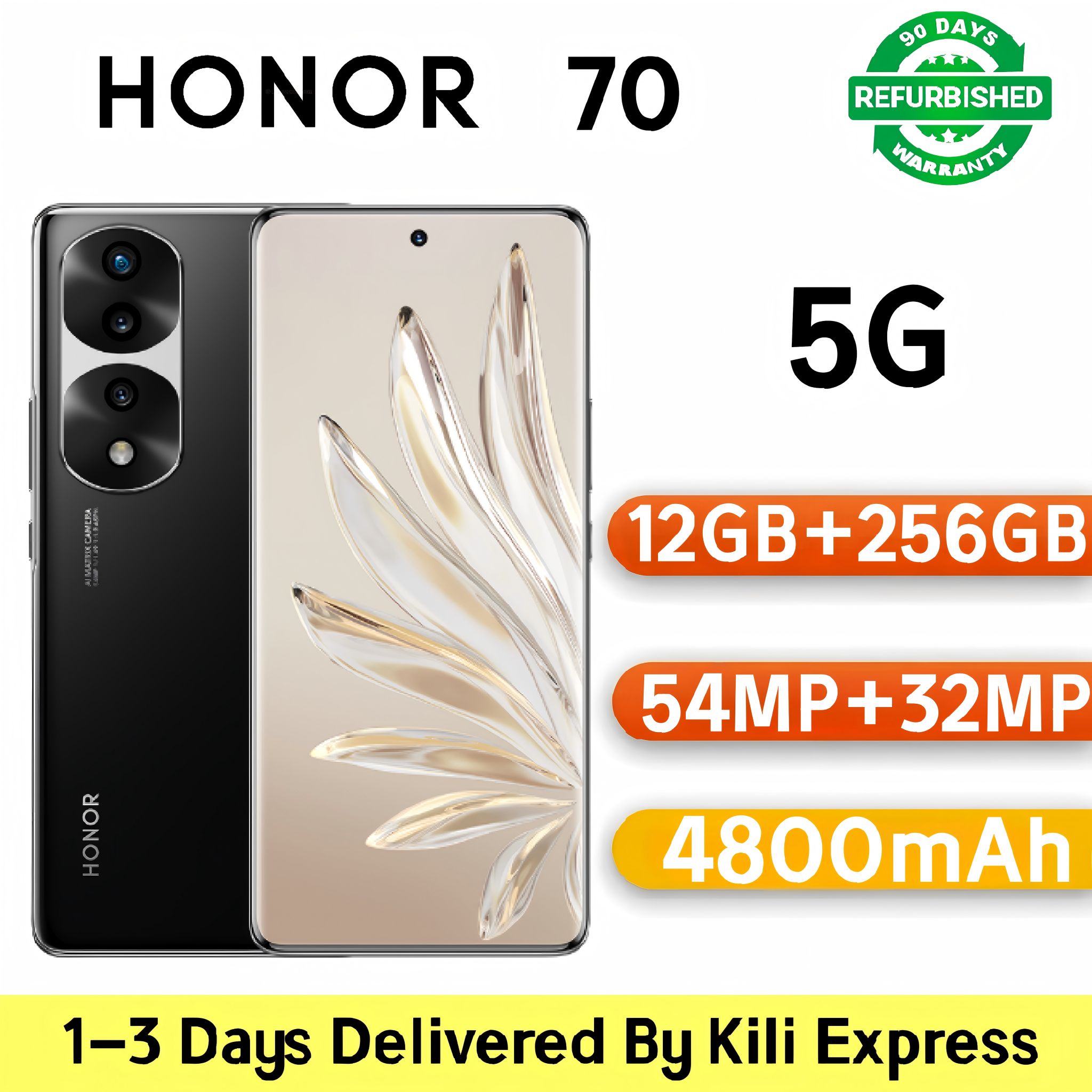 Refurbished HONOR 70 5G Smartphone | 12GB+256GB | 54MP IMX800 Super Sensing Camera | 6.67" 120Hz Curved OLED Screen | 66W SuperCharge | Google Play Supported (Grade A)