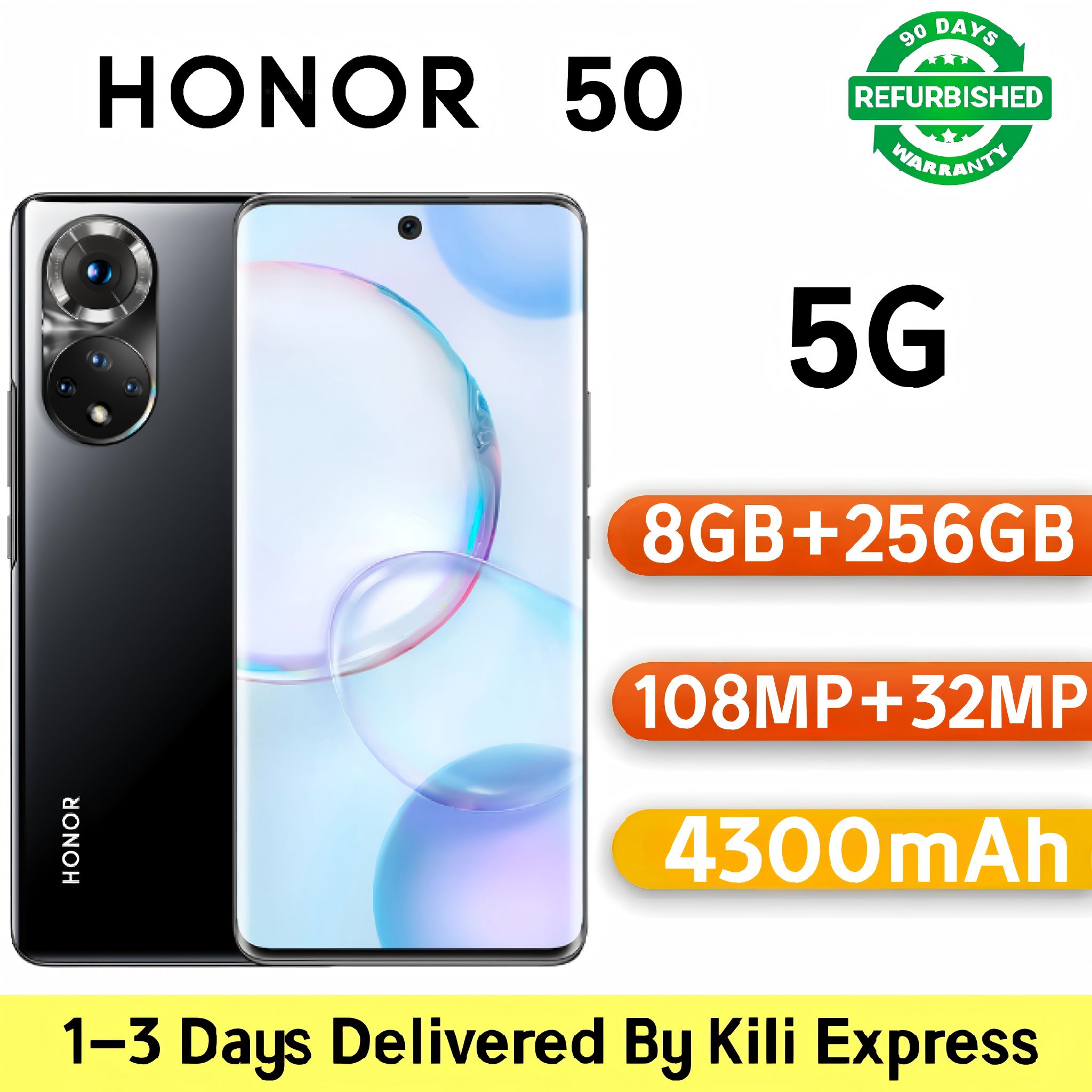 Refurbished Honor 50 5G Smartphone | 8GB RAM + 256GB ROM | 108MP Ultra-Clear Vlog Camera | 6.57" 120Hz Curved OLED Screen | 66W SuperCharge | Google Play Supported (Grade A)