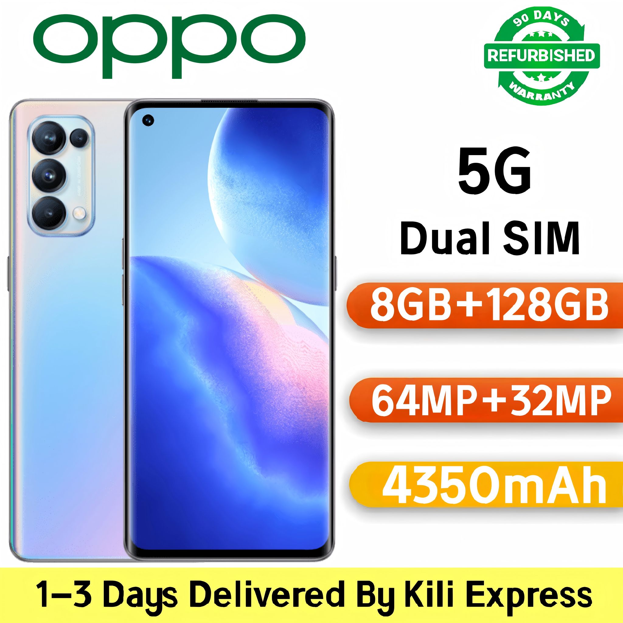 Refurbished OPPO Reno5 Pro 5G Smartphone | 128GB ROM | 64MP AI Quad Camera | 6.55" OLED 90Hz Curved Screen | 65W SuperVOOC Flash Charge | In-Display Fingerprint (Grade A)