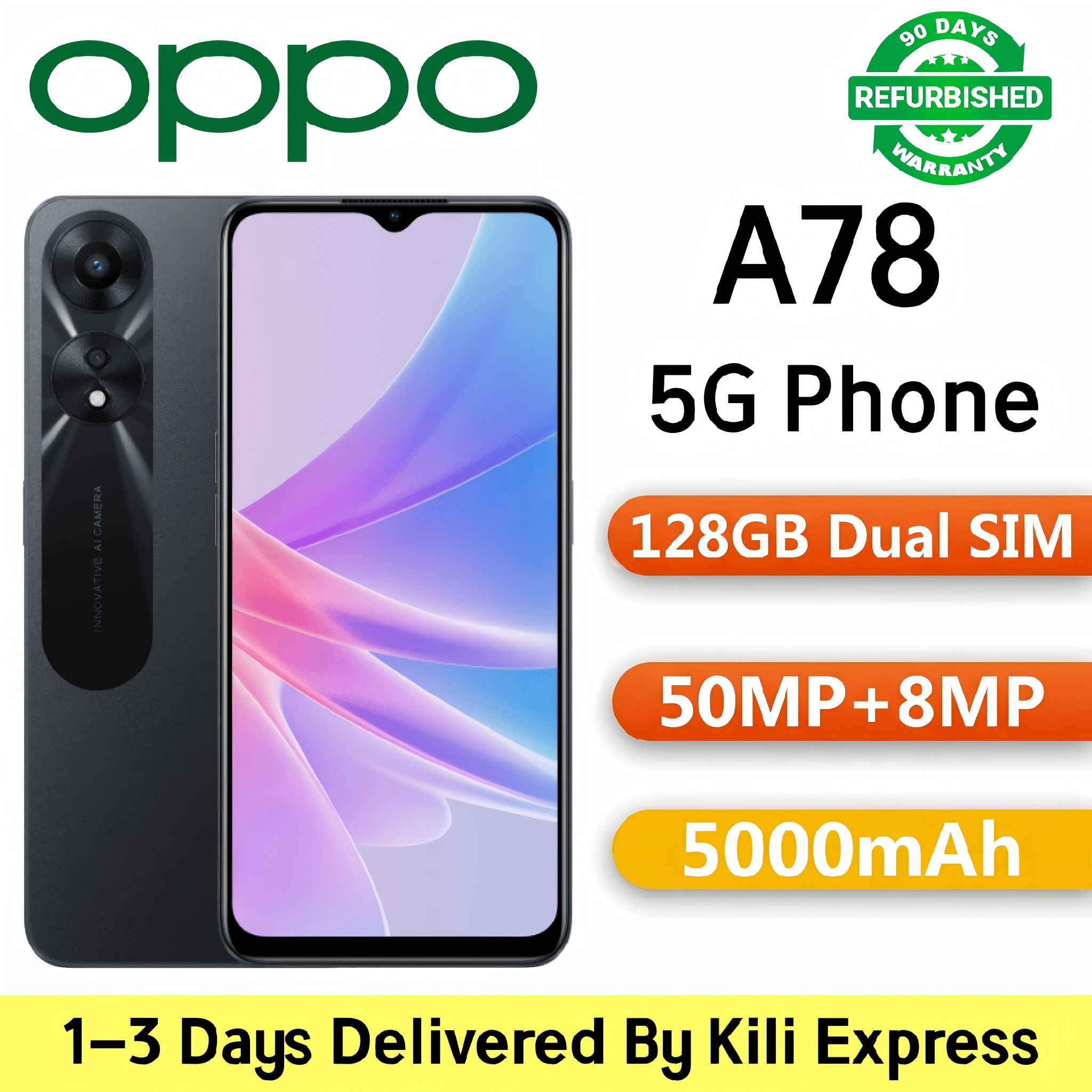 Refurbished OPPO A78 5G Smartphone | 128GB ROM + [8GB] RAM | 50MP AI Camera | 5000mAh Battery | 6.56" 90Hz Display | Dual SIM Phones  Android Phone (Grade A)