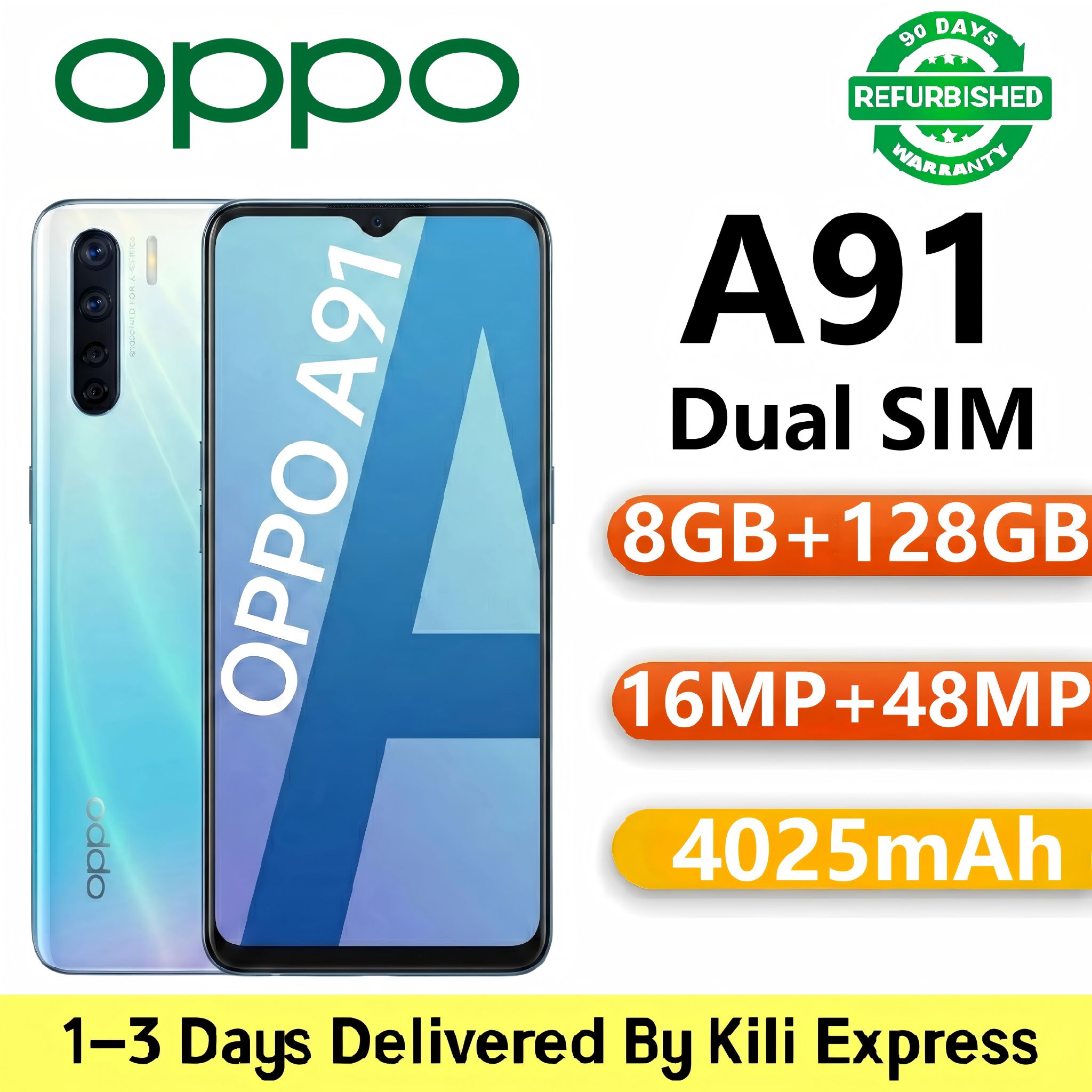 Refurbished OPPO A91 Smartphone | 8GB+128GB | 48MP AI Quad Camera | 6.4" LCD IPS FHD+ Screen | VOOC Flash Charge 3.0 | In-Display  (Grade A)
