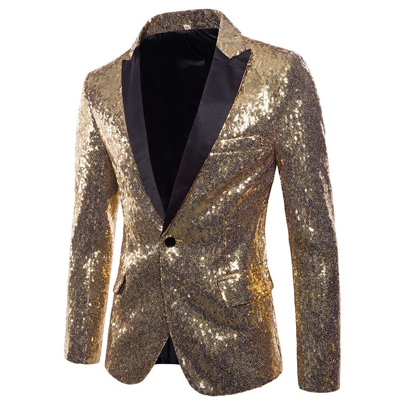 Men Shiny Gold Sequin Blazer Fashion Glitter Performance Costume Cool Formal Suit Jacket Stylish Groom Outfit Premium Party Nightclub Stage Wear for Men