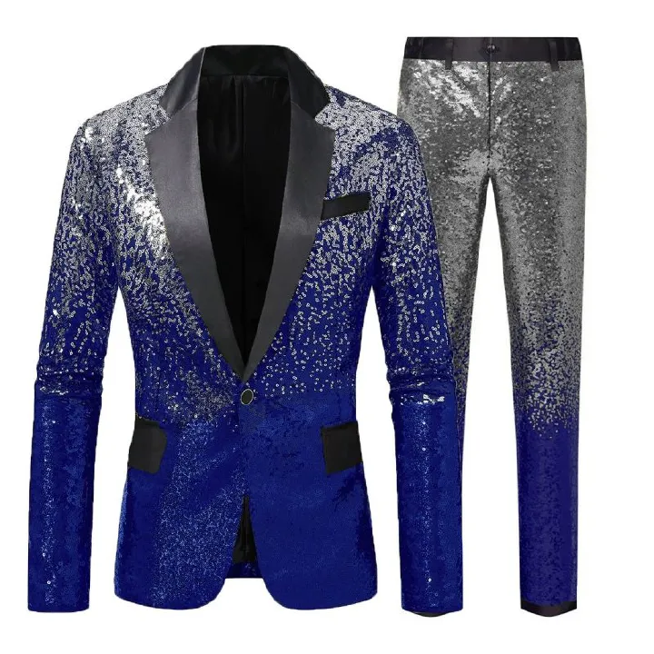 New Style Men's Gradient Sequin Suit Set | 2-Piece Club & Stage Performance Blazer Formal Dress | Shiny Party Evening Gown for Men