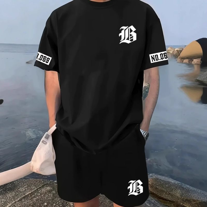 Bestseller Men's Shorts & T-shirt Casual Sports Set, Quick-Dry Letter Print Athletic Wear 2-Piece Outfit for Gym Running Summer Street Fashion