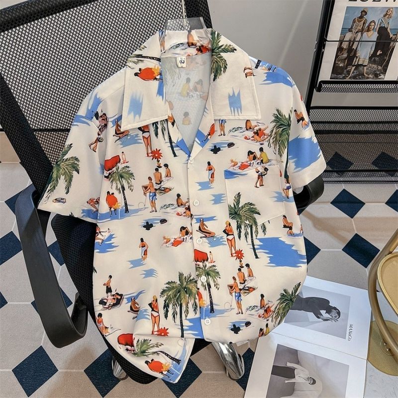 Unisex Fashionable Casual Floral Shirts Summer Relaxed Fit Couple Matching Blouses Trendy Beach Vacation Tops for Songkran Festival Party Hipster Streetwear Outfits