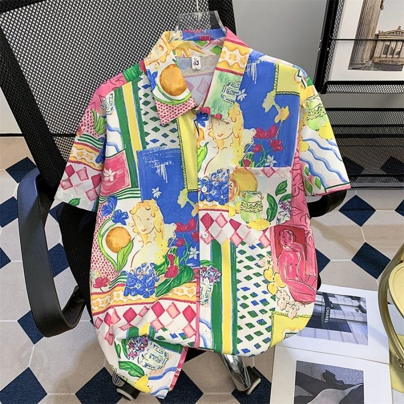 Unisex Fashionable Casual Floral Shirts Summer Relaxed Fit Couple Matching Blouses Trendy Beach Vacation Tops for Songkran Festival Party Hipster Streetwear Outfits
