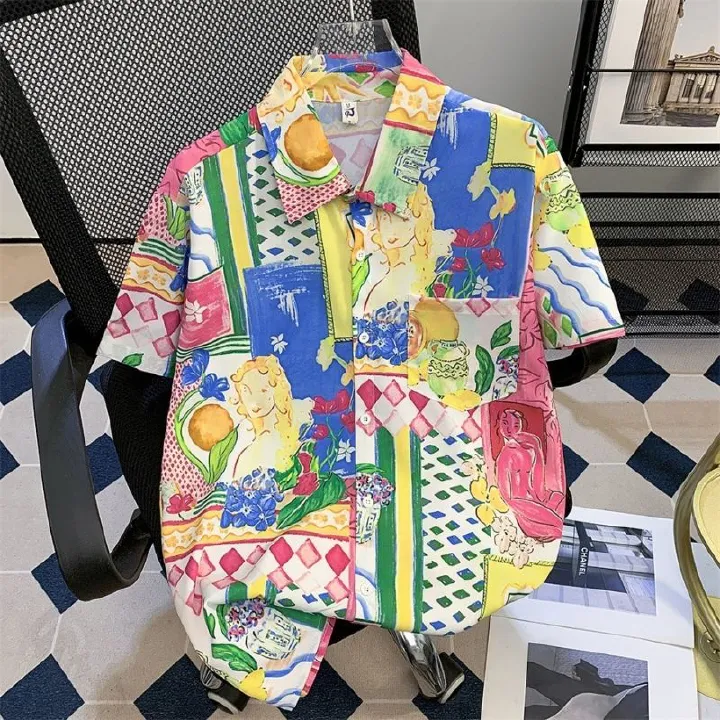 Unisex Fashionable Casual Floral Shirts Summer Relaxed Fit Couple Matching Blouses Trendy Beach Vacation Tops for Songkran Festival Party Hipster Streetwear Outfits