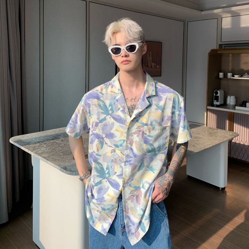 Unisex Fashionable Casual Floral Shirts Summer Relaxed Fit Couple Matching Blouses Trendy Beach Vacation Tops for Songkran Festival Party Hipster Streetwear Outfits