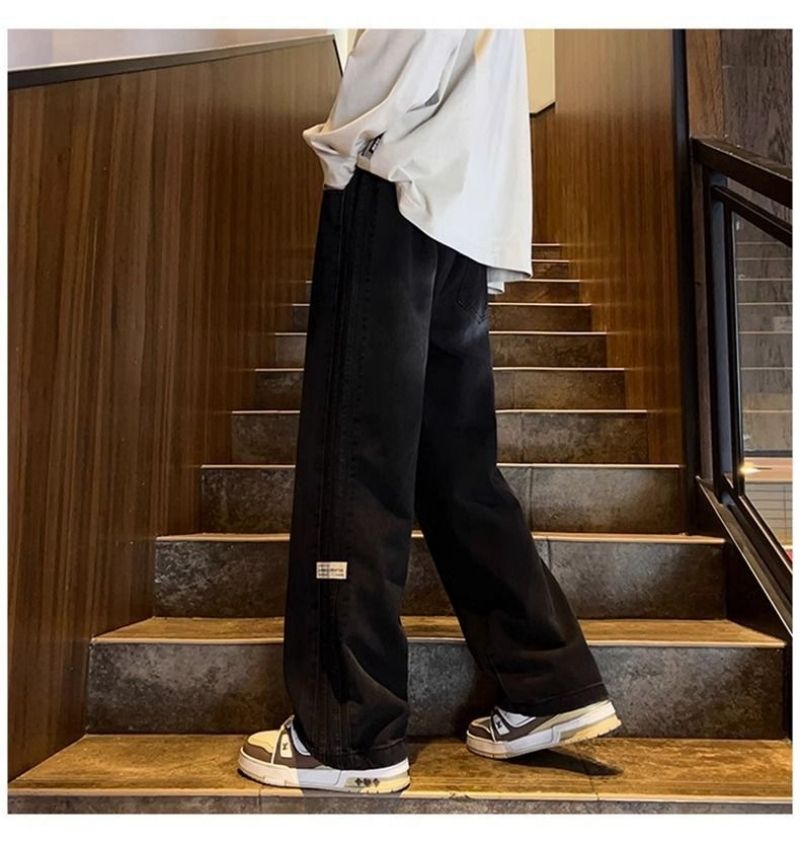 Fashionable High-end Teen Boys' Jeans Elastic Waist Loose Straight Wide-leg Pants American High Street Style Casual Trousers for Spring and Autumn