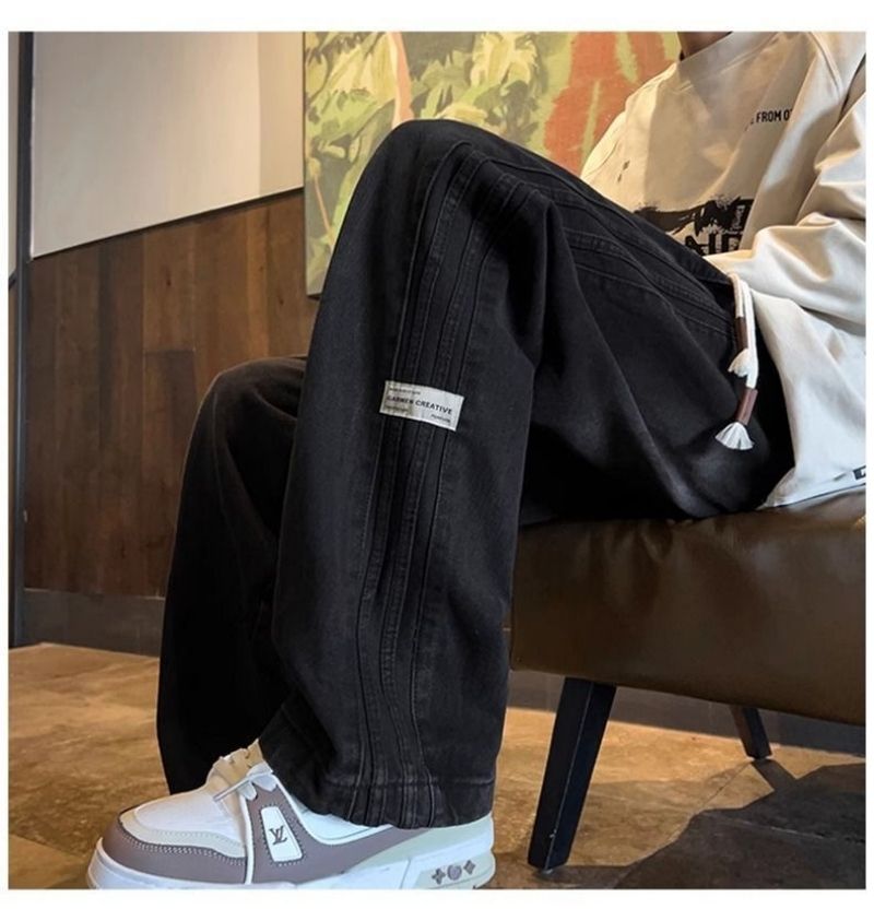 Fashionable High-end Teen Boys' Jeans Elastic Waist Loose Straight Wide-leg Pants American High Street Style Casual Trousers for Spring and Autumn