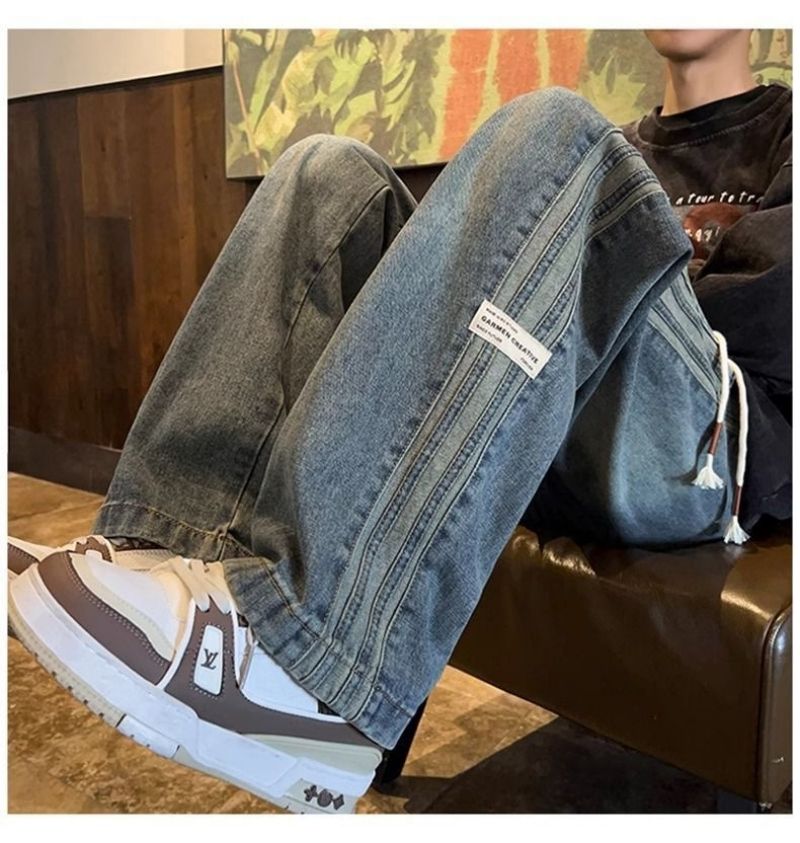 Fashionable High-end Teen Boys' Jeans Elastic Waist Loose Straight Wide-leg Pants American High Street Style Casual Trousers for Spring and Autumn