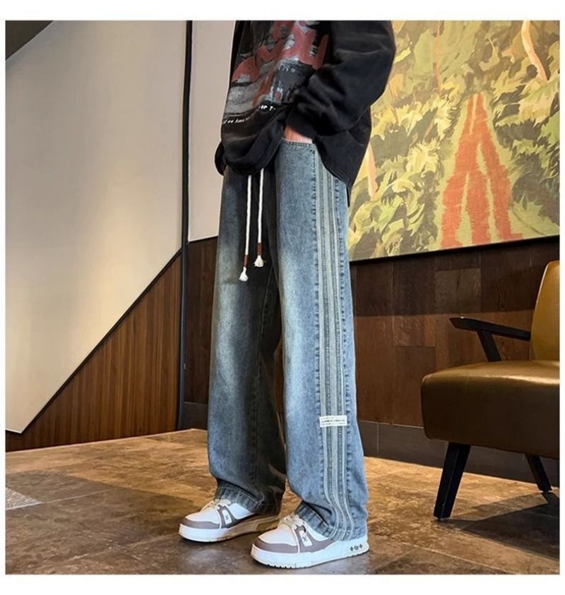 Fashionable High-end Teen Boys' Jeans Elastic Waist Loose Straight Wide-leg Pants American High Street Style Casual Trousers for Spring and Autumn