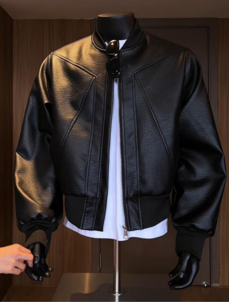 High-end Cool Handsome Men's Biker Leather Jacket Autumn PU Leather Baseball Jacket Bad Boy Chic Flight Bomber Jacket