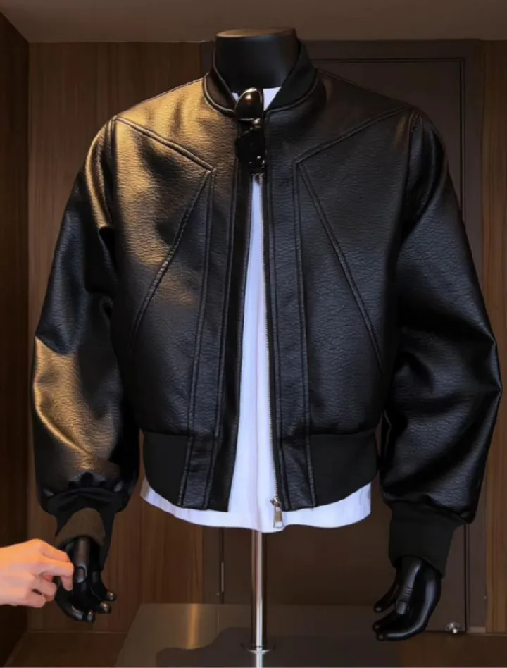 High-end Cool Handsome Men's Biker Leather Jacket Autumn PU Leather Baseball Jacket Bad Boy Chic Flight Bomber Jacket