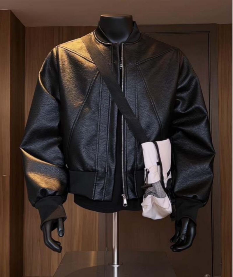 High-end Cool Handsome Men's Biker Leather Jacket Autumn PU Leather Baseball Jacket Bad Boy Chic Flight Bomber Jacket