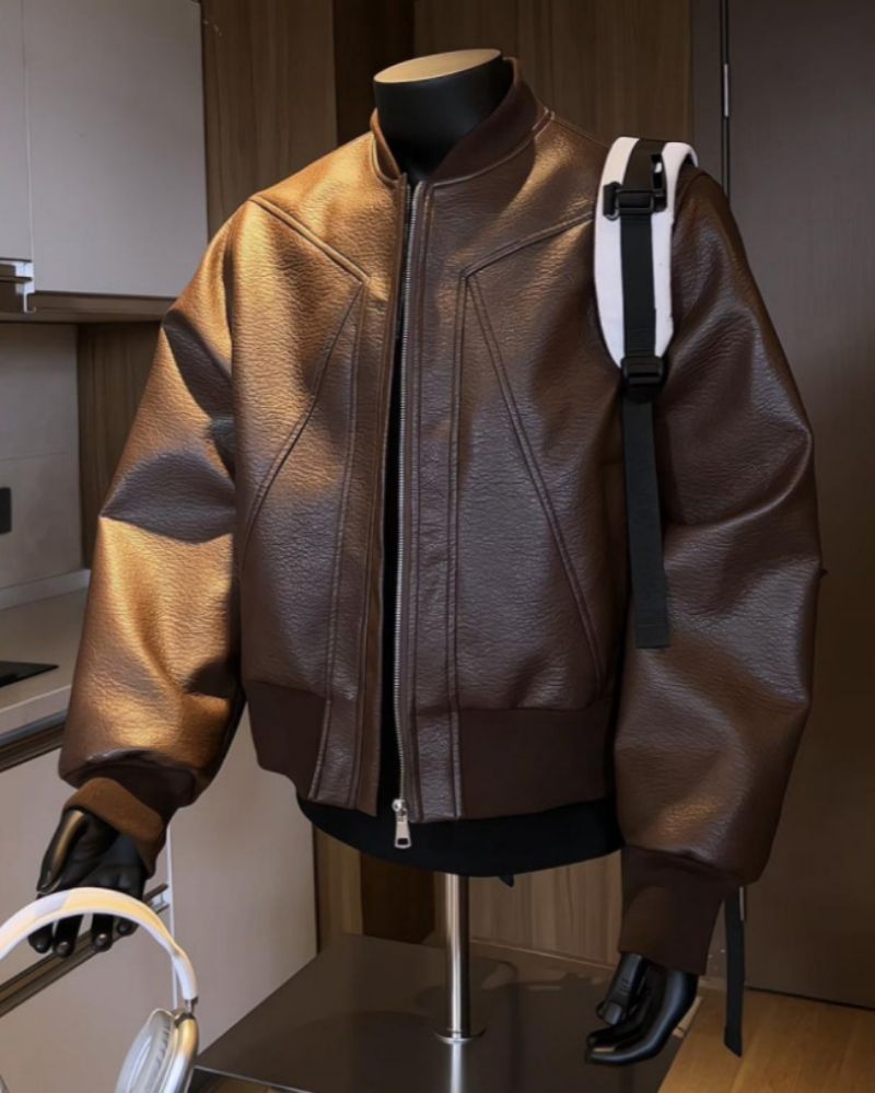 High-end Cool Handsome Men's Biker Leather Jacket Autumn PU Leather Baseball Jacket Bad Boy Chic Flight Bomber Jacket