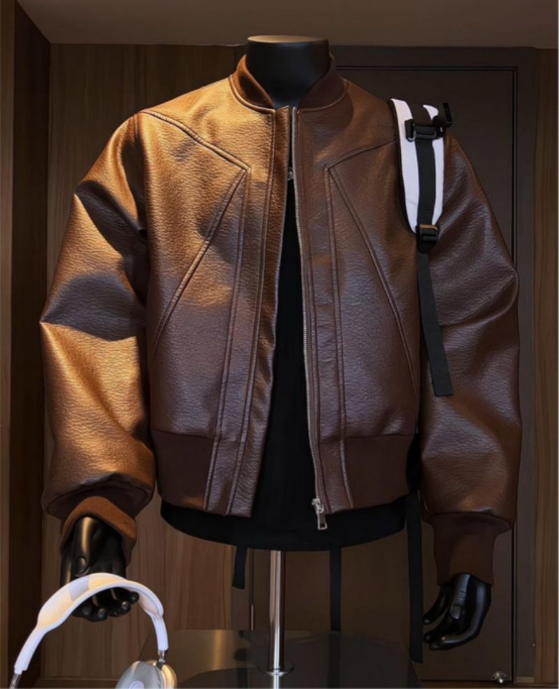 High-end Cool Handsome Men's Biker Leather Jacket Autumn PU Leather Baseball Jacket Bad Boy Chic Flight Bomber Jacket