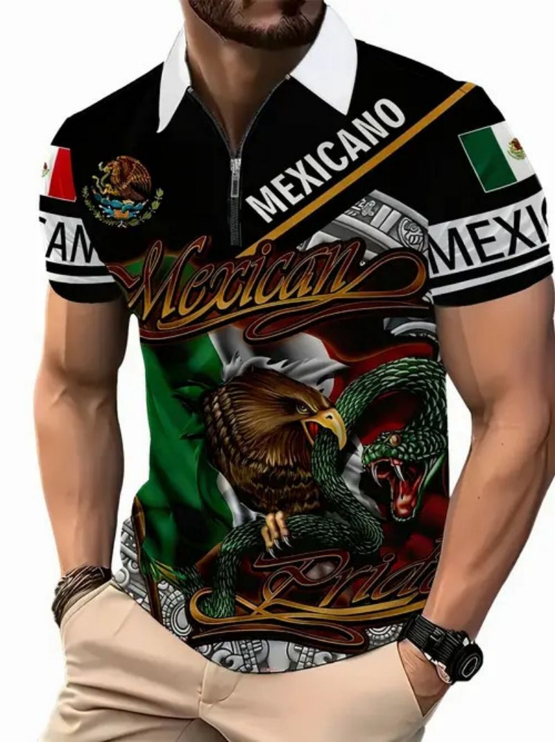 2-Piece Set Fashionable High-end Men's Short Sleeve Zipper Polo Shirt with Flag Pattern Casual Versatile Trendy Daily Essential