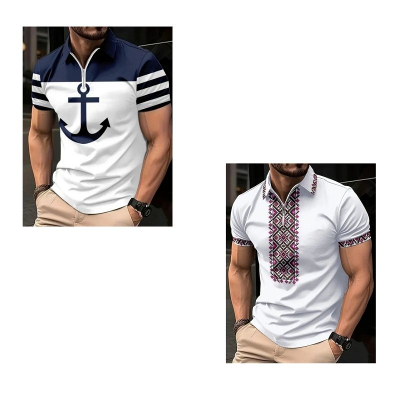 2-Piece Set Fashionable High-end Men's Short Sleeve Zipper Polo Shirt with Flag Pattern Casual Versatile Trendy Daily Essential