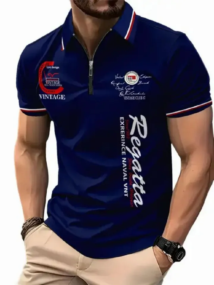 2-Piece Set Fashionable High-end Men's Short Sleeve Zipper Polo Shirt with Flag Pattern Casual Versatile Trendy Daily Essential