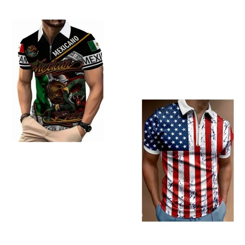 2-Piece Set Fashionable High-end Men's Short Sleeve Zipper Polo Shirt with Flag Pattern Casual Versatile Trendy Daily Essential