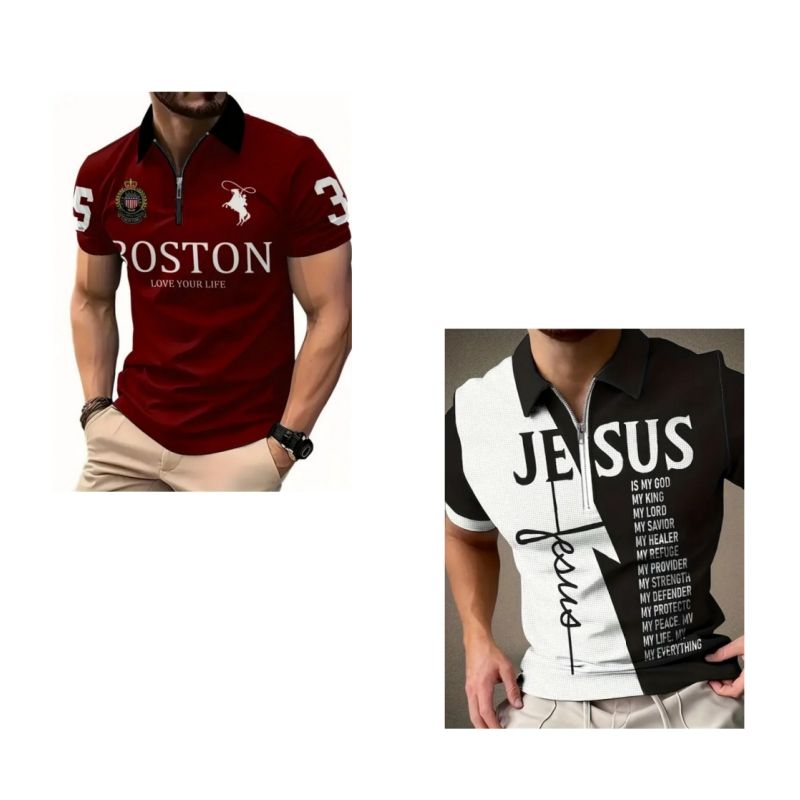 2-Piece Set Fashionable High-end Men's Short Sleeve Zipper Polo Shirt with Flag Pattern Casual Versatile Trendy Daily Essential