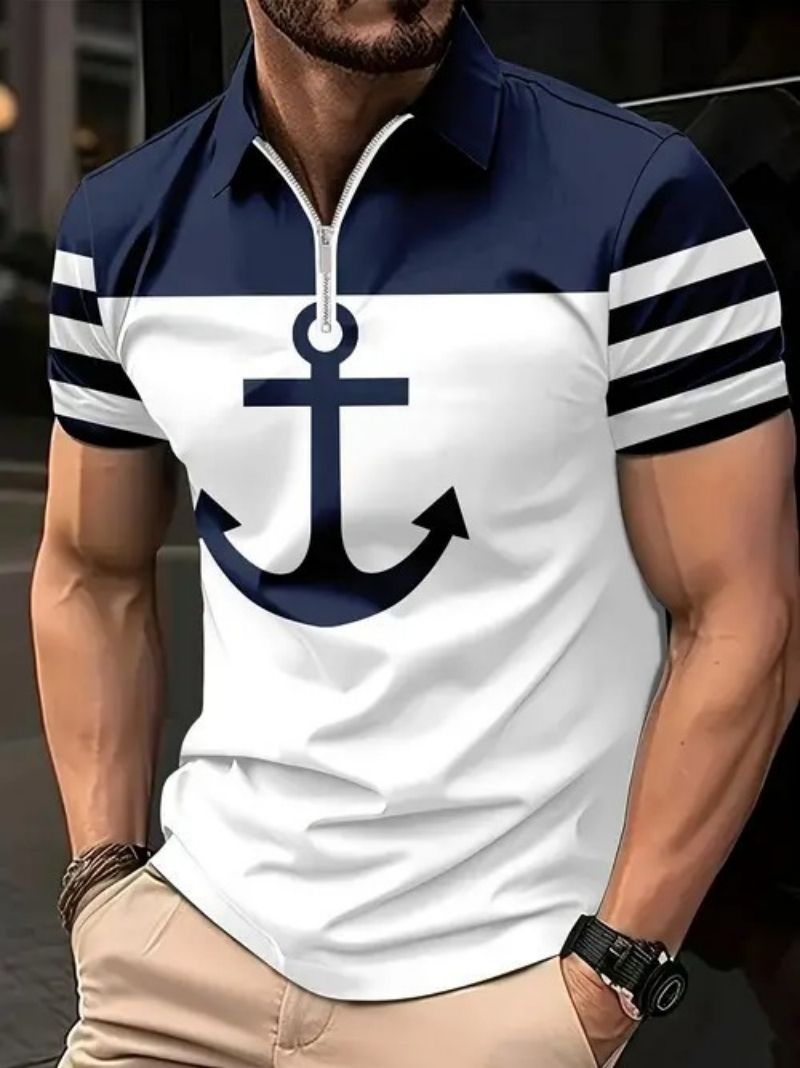 2-Piece Set Fashionable High-end Men's Short Sleeve Zipper Polo Shirt with Flag Pattern Casual Versatile Trendy Daily Essential