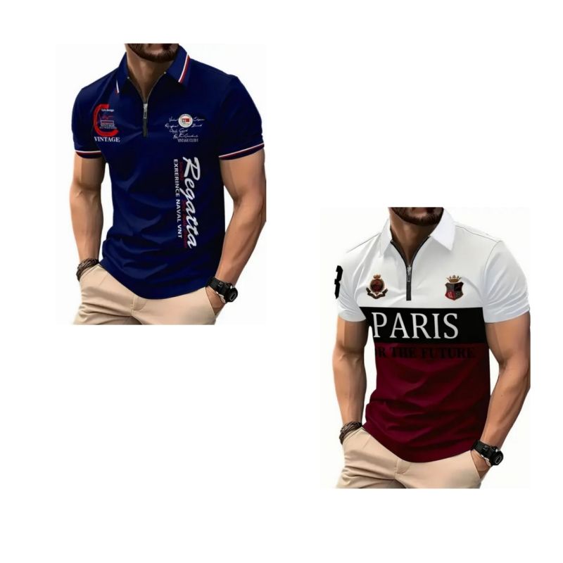 2-Piece Set Fashionable High-end Men's Short Sleeve Zipper Polo Shirt with Flag Pattern Casual Versatile Trendy Daily Essential