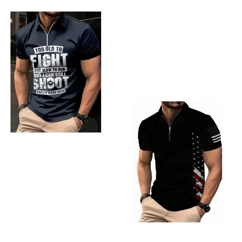 2-Piece Set Fashionable High-end Men's Short Sleeve Zipper Polo Shirt with Flag Pattern Casual Versatile Trendy Daily Essential