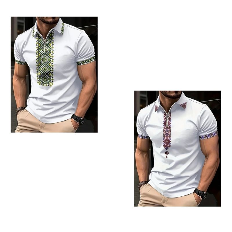 2-Piece Set Fashionable High-end Men's Short Sleeve Zipper Polo Shirt with Flag Pattern Casual Versatile Trendy Daily Essential