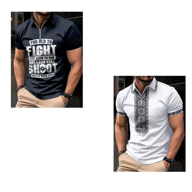 2-Piece Set Fashionable High-end Men's Short Sleeve Zipper Polo Shirt with Flag Pattern Casual Versatile Trendy Daily Essential
