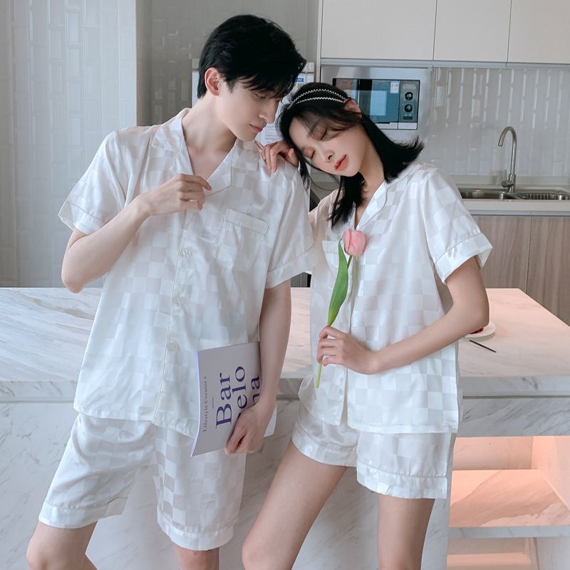 Spring Summer Plaid Couple Pajamas Set Ice Silk Short Sleeve Shorts Silk Loungewear for Men and Women Spring Autumn Homewear